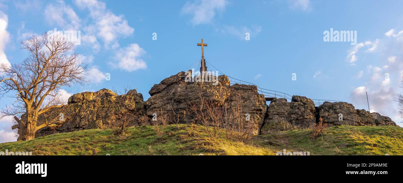 Germany, Saxony-Anhalt, Ballenstedt, counter stones with summit cross, part of the devil's wall in the Harz Mountains. Stock Photo