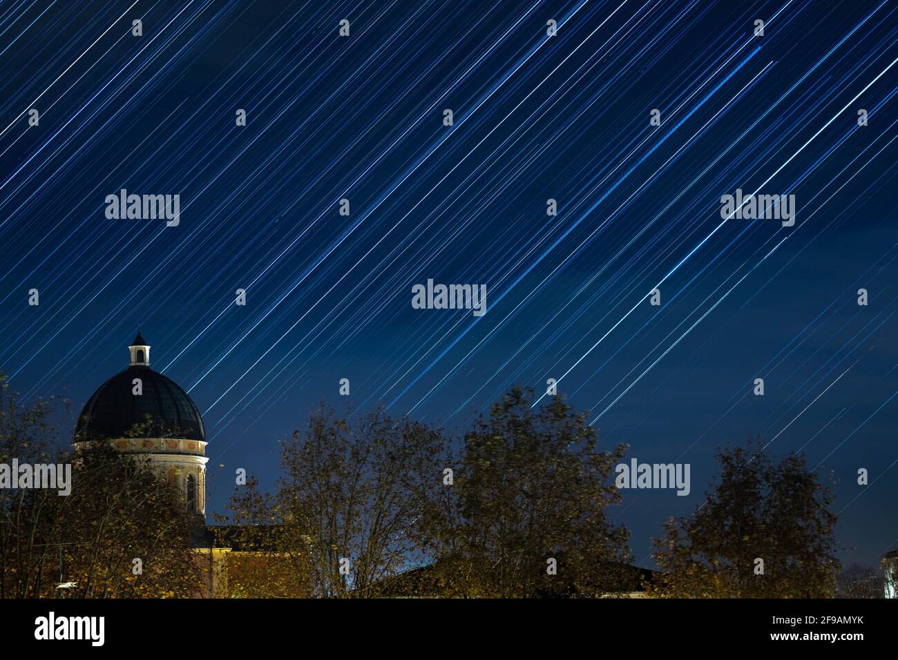 Starry night star trails view in Boretto, Emilia Romagna, Italy Stock Photo