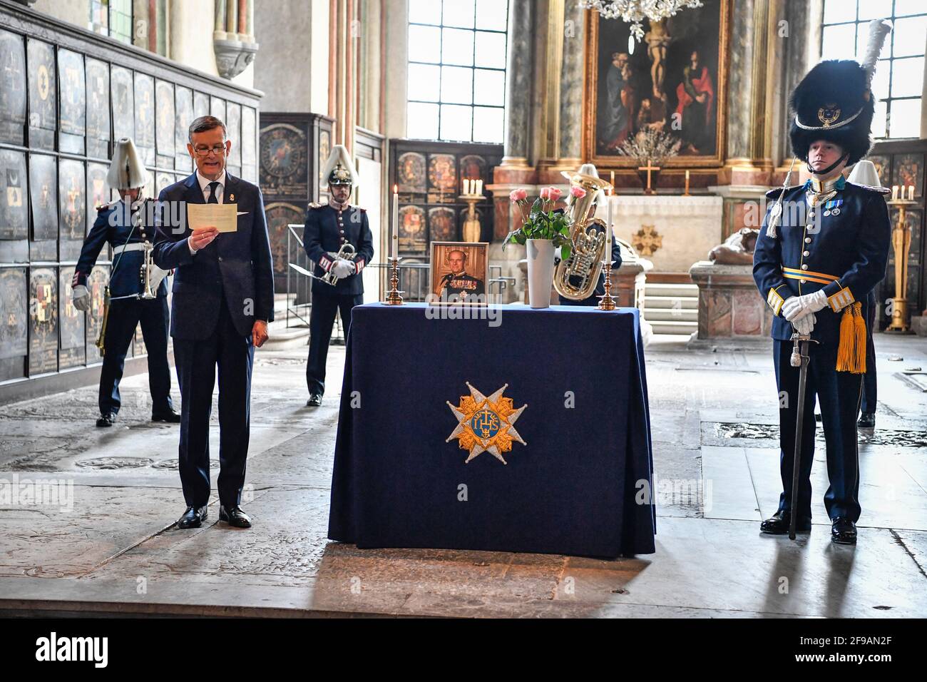 Britain's late Prince Philip, Duke of Edinburgh, is honured during a  ceremony held at the Riddarholmen Church in Stockholm, Sweden, on April 17,  2021. Prince Philip's Royal Order of the Seraphim shield