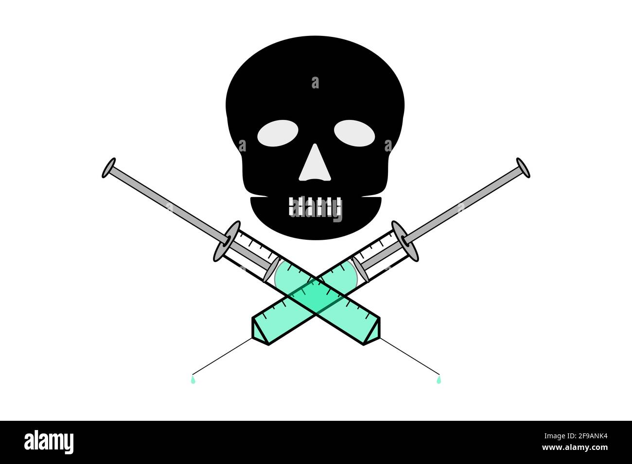 Vaccination saves lives. Skull, syringes, vaccinate, vaccine, serum, Covid, Covid 19, Stock Photo