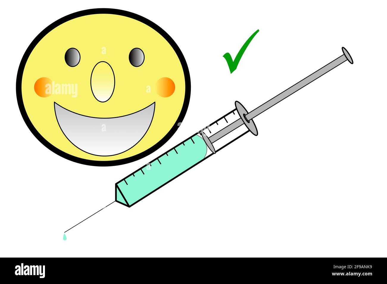 Vaccination keeps you healthy. Smiley, syringe, OK, laugh, vaccinate, vaccine, serum, Covid, Covid 19, Stock Photo