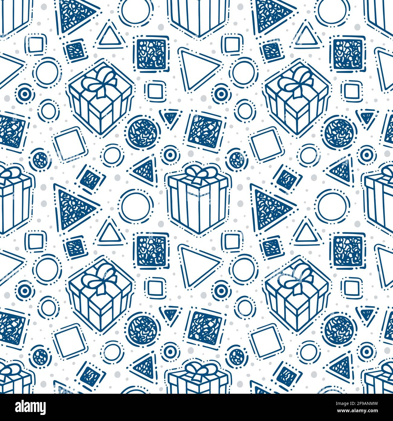 Gift boxes and different geometric shapes seamless pattern. Hand drawn