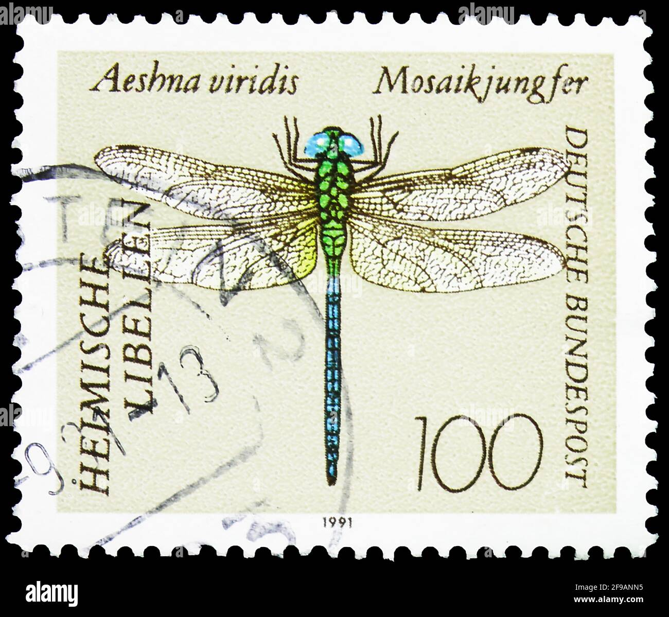 MOSCOW, RUSSIA - SEPTEMBER 22, 2019: Postage stamp printed in Germany shows Green Hawker (Aeshna viridis), Dragonflies serie, circa 1991 Stock Photo