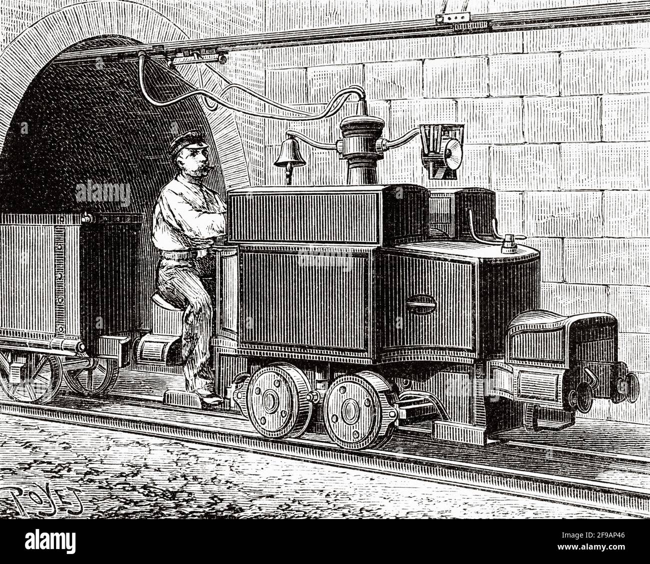 Electric traction in the late 19th century. Electric railway locomotive. Old 19th century engraved illustration from La Nature 1889 Stock Photo