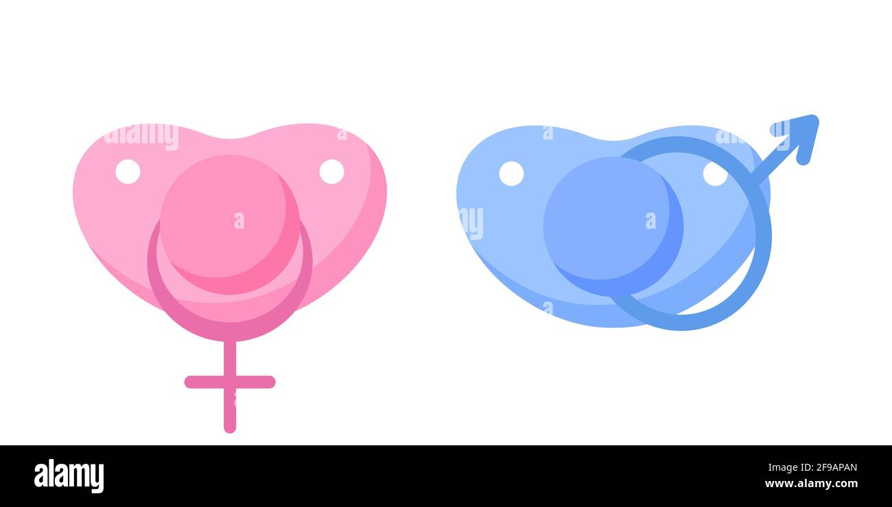 Set of baby pacifiers with gender sign. Pink for girl, blue for boy. Simple flat style Stock Vector