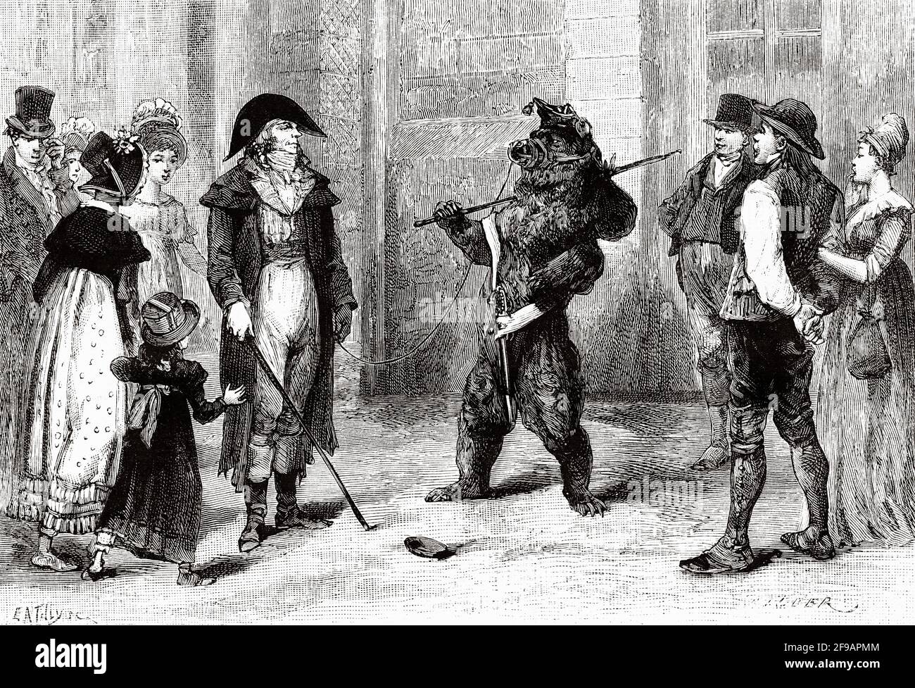 A bear trainer during The First French Empire, France. Europe. Old 19th century engraved illustration from La Nature 1889 Stock Photo
