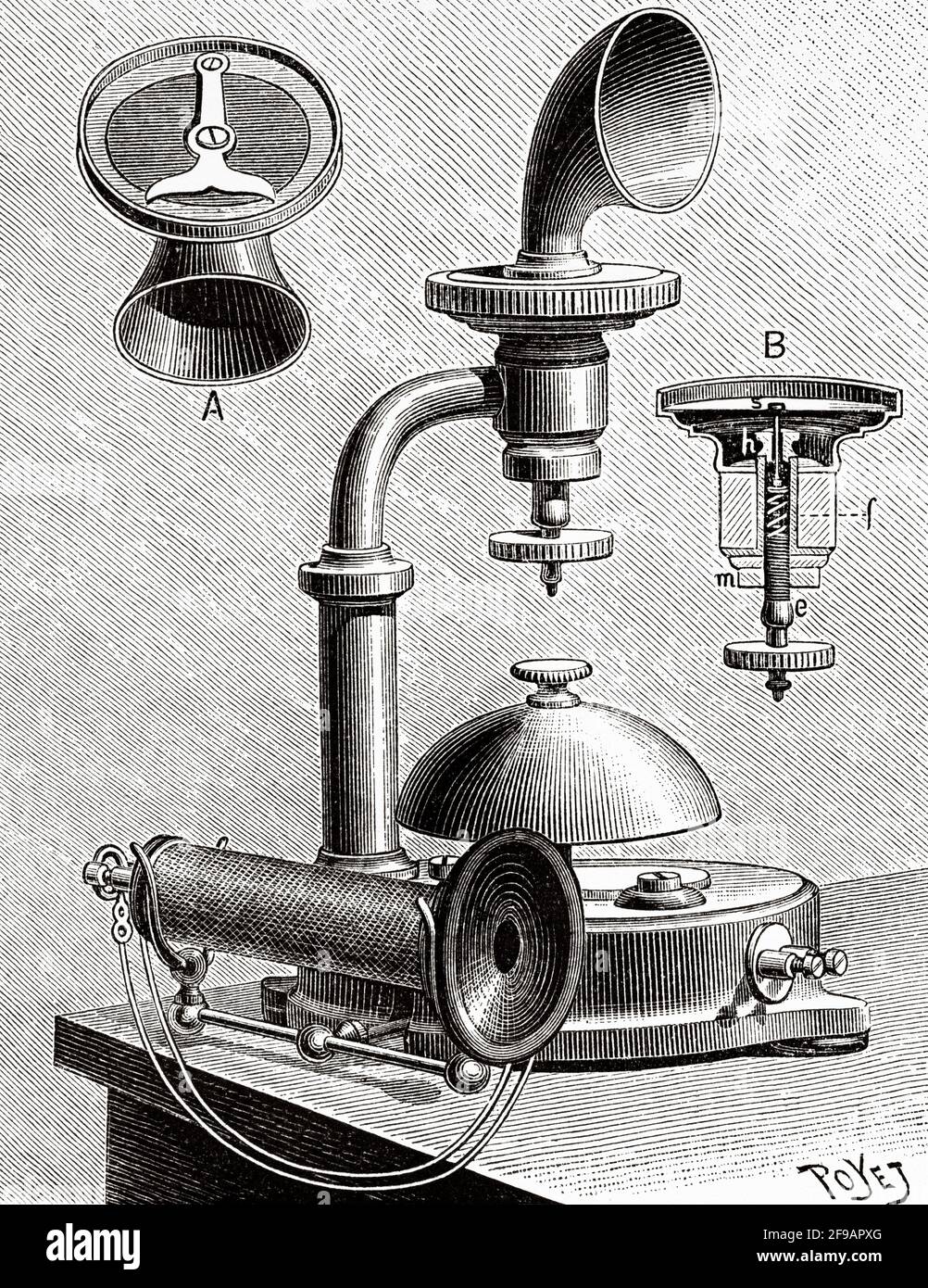 The telephony in Stockholm in the late 1800s. Model of an Ericsson telephone. Old 19th century engraved illustration from La Nature 1889 Stock Photo