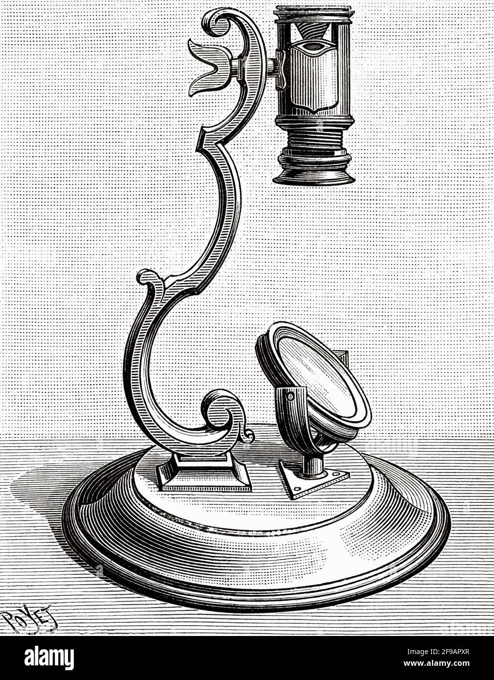 Baker mounted lens microscope 1745. Old 19th century engraved illustration from La Nature 1889 Stock Photo