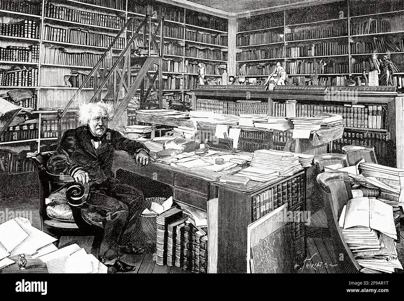 The French chemist Michel Eugene Chevreul (1786-1889) in his laboratory at the Paris Natural History Museum. France. Europe. Old 19th century engraved illustration from La Nature 1889 Stock Photo