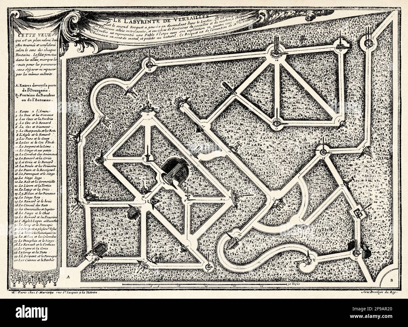 Map of the labyrinth of Versailles, it was a hedge maze in the gardens with groups of fountains and sculptures representing the fables of Aesop, Paris. France. Europe. Old 19th century engraved illustration from La Nature 1889 Stock Photo