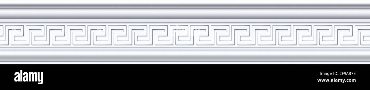 Seamless pattern of white classic mold cornice with classic meander ornament for interior wall design. Repeating gypsum plaster frieze for ceiling dec Stock Photo