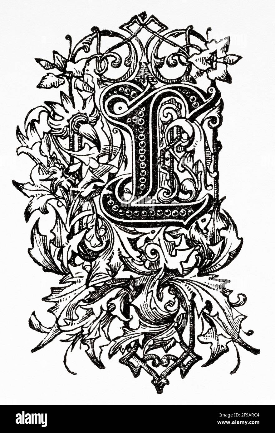 Decorative capital letter L. Old 19th century engraved illustration from Souvenirs de la Reformation en Italie 1883 by John Stoughton (1807-1897) Stock Photo