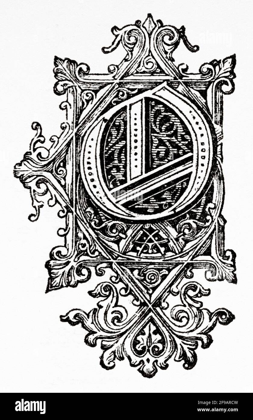Decorative capital letter O. Old 19th century engraved illustration from Souvenirs de la Reformation en Italie 1883 by John Stoughton (1807-1897) Stock Photo