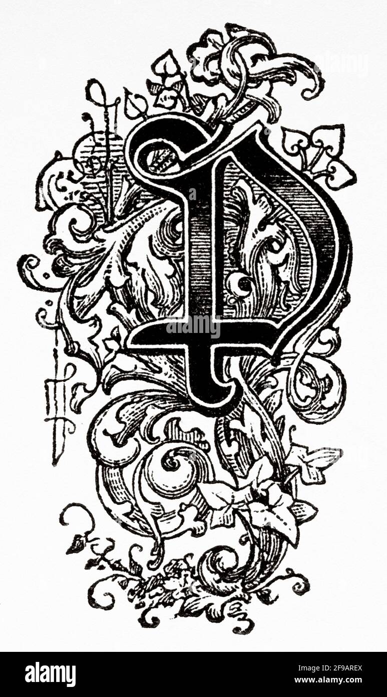 Decorative capital letter D. Old 19th century engraved illustration from Souvenirs de la Reformation en Italie 1883 by John Stoughton (1807-1897) Stock Photo