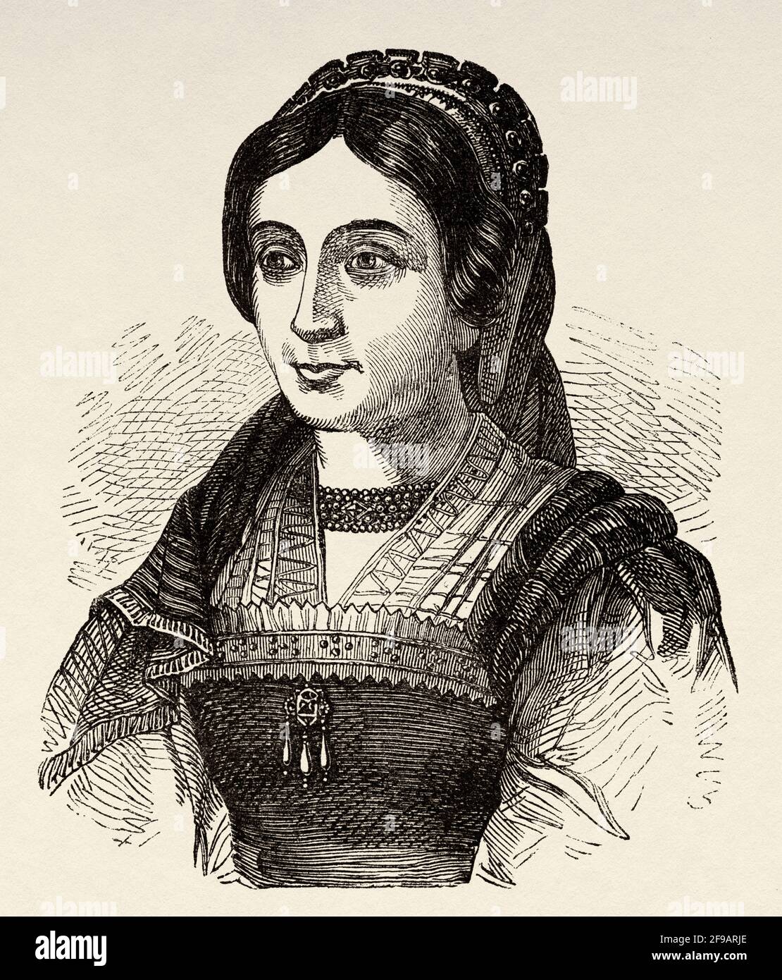 Renée of France (1510-1574) Duchess of Ferrara  to her marriage to Ercole II d'Este, grandson of Pope Alexander VI. Younger surviving child of Louis XII of France and Anne of Brittany. Supporter of the Protestant Reformation and ally of John Calvin. Old 19th century engraved illustration from Souvenirs de la Reformation en Italie 1883 by John Stoughton (1807-1897) Stock Photo