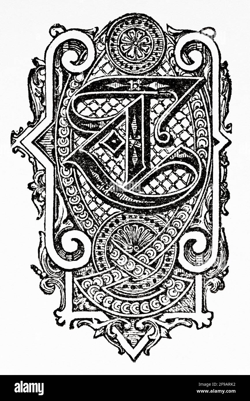 Decorative capital letter T. Old 19th century engraved illustration from Souvenirs de la Reformation en Italie 1883 by John Stoughton (1807-1897) Stock Photo