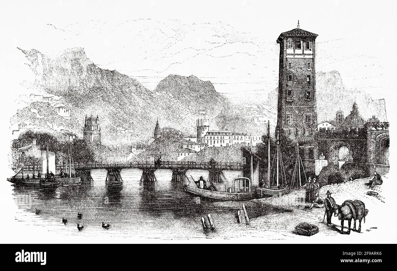 General panoramic view of the city of Trento, Trentino. Alto Adige, late 1800s. Italy, Europe. Old 19th century engraved illustration from Souvenirs de la Reformation en Italie 1883 by John Stoughton (1807-1897) Stock Photo