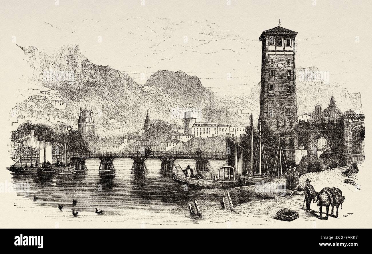 General panoramic view of the city of Trento, Trentino. Alto Adige, late 1800s. Italy, Europe. Old 19th century engraved illustration from Souvenirs de la Reformation en Italie 1883 by John Stoughton (1807-1897) Stock Photo