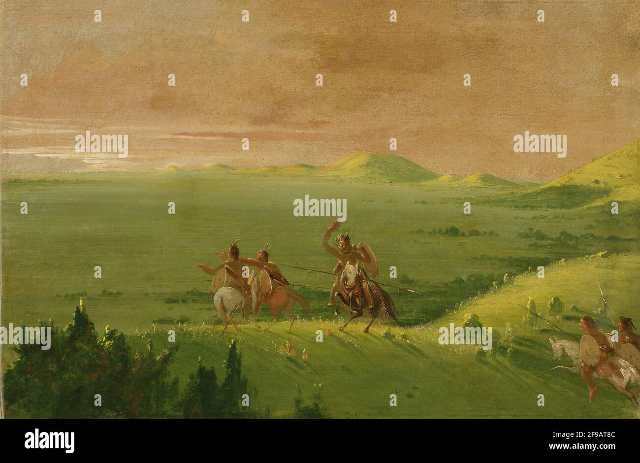 Comanche War Party, Chief Discovering the Enemy and Urging his Men at Sunrise, 1834-1835. Stock Photo