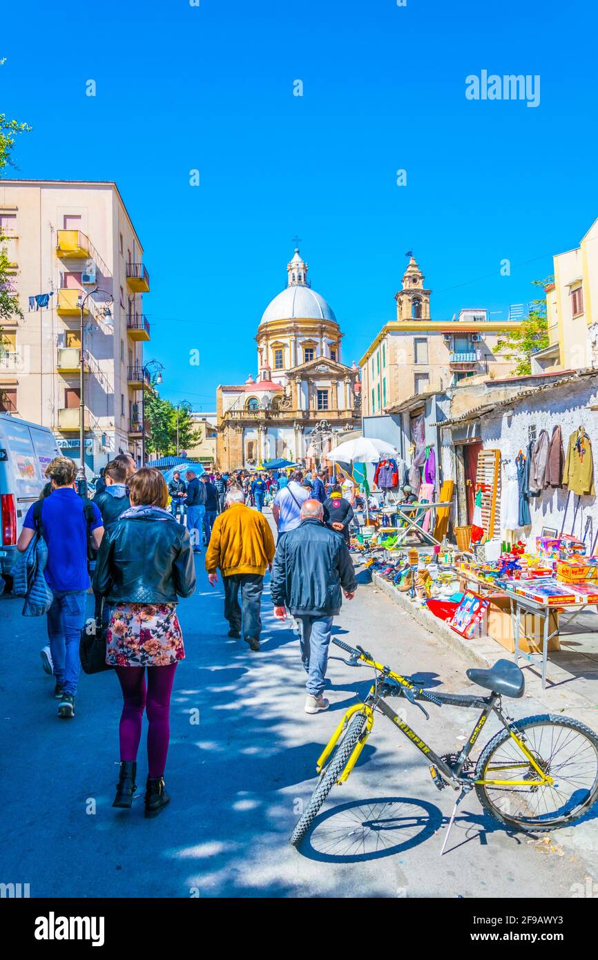 PALERMO, ITALY, APRIL 23, 2017: People are strolling through Mercato di Ballaro in Palermo, Sicily, Italy Stock Photo