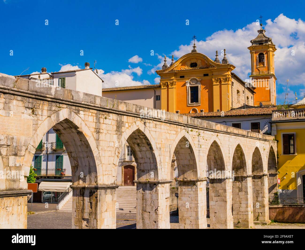 Impressive view of Sulmona historical center and its majestic roman aqueduct, Abruzzo region, central Italy Stock Photo