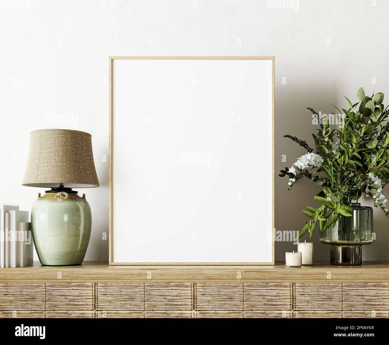 Modern interior design in natural colors with fresh green plant decoration and empty white mock up picture frame 3D Rendering, 3D Illustration Stock Photo