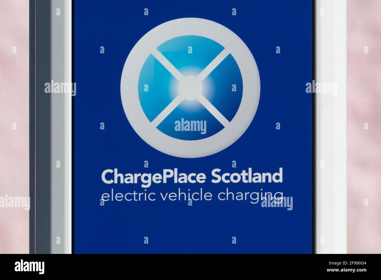 ChargePlace Scotland - national electric vehicle charging network charge point sign closeup in Killearn, Stirling, Scotland Stock Photo