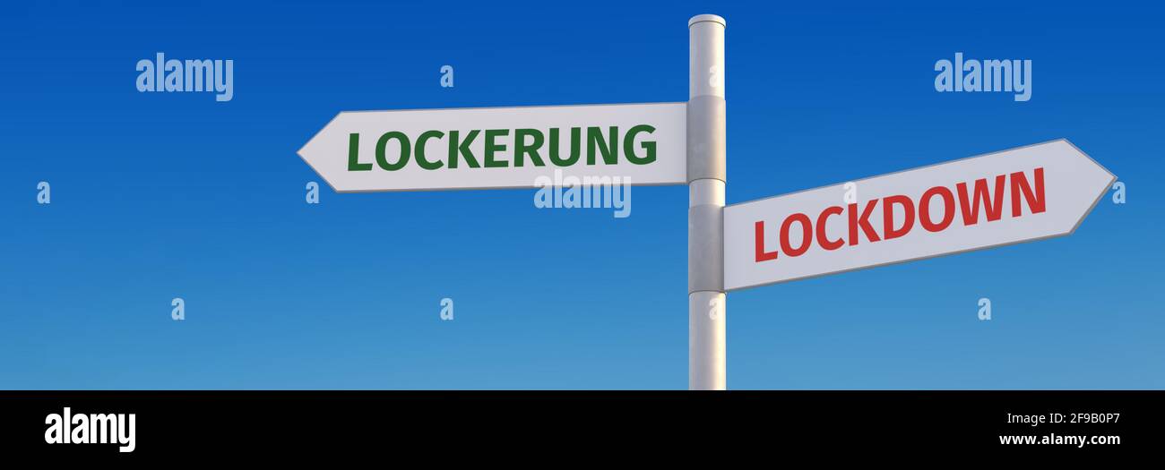 Corona crisis concept (German text): Lockdown or 'Lockerung' (limited reopening) - two contrarian strategies symbolized by two street signs against a Stock Photo