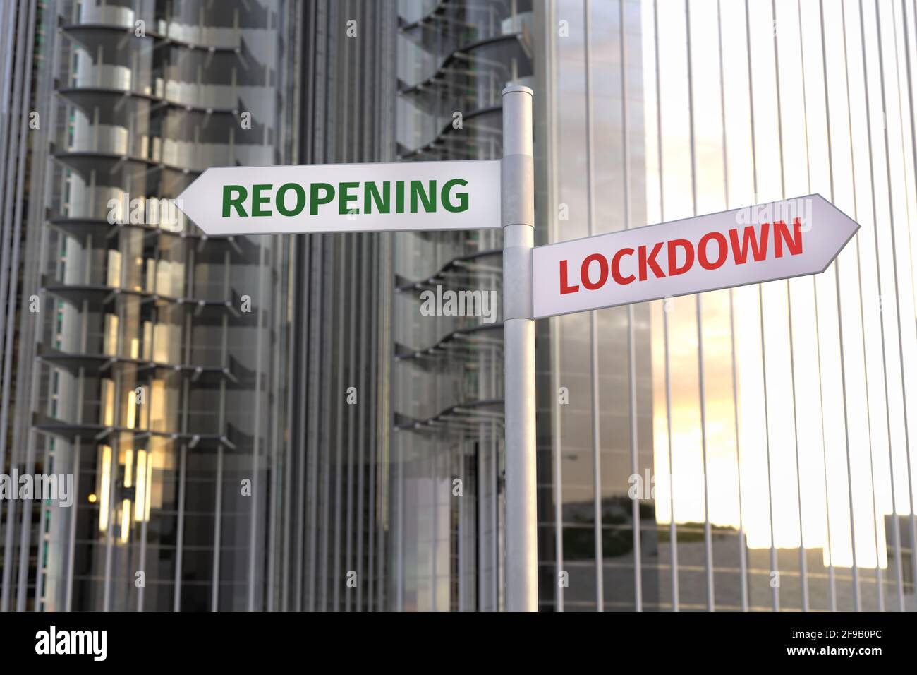 Corona crisis concept: Lockdown or reopening - two contrarian strategies symbolized by two street signs pointing into different directions. Stock Photo