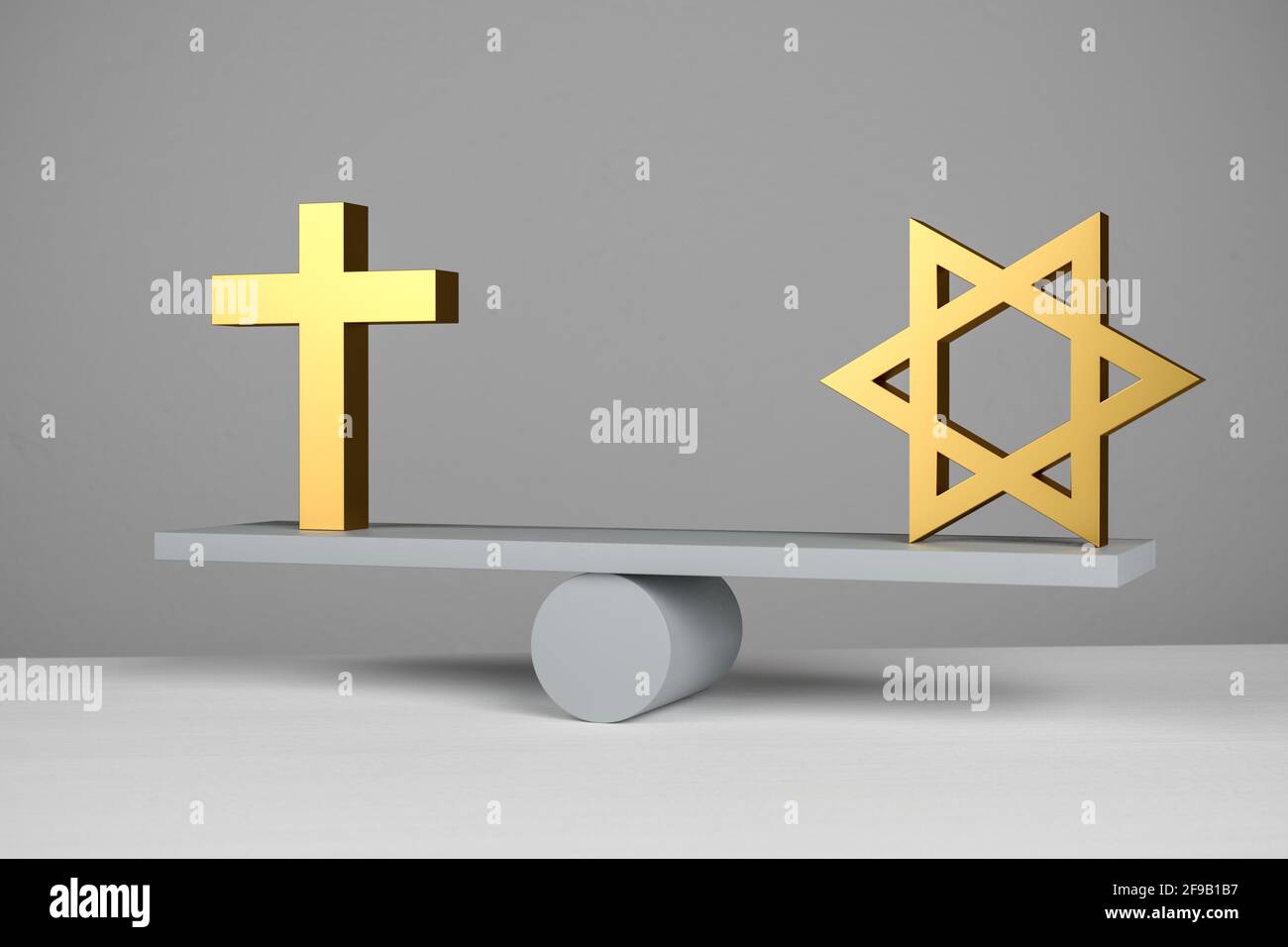 Equal rights concept: Equality of rligions. A christian cross and jewish star of david symbol on a seesaw / scale Stock Photo