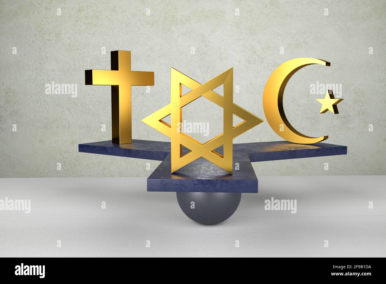 Equal rights concept: Equality of religions. A christian cross, a jewish star of david and an islamic star and crescent symbol on a threeway seesaw on Stock Photo