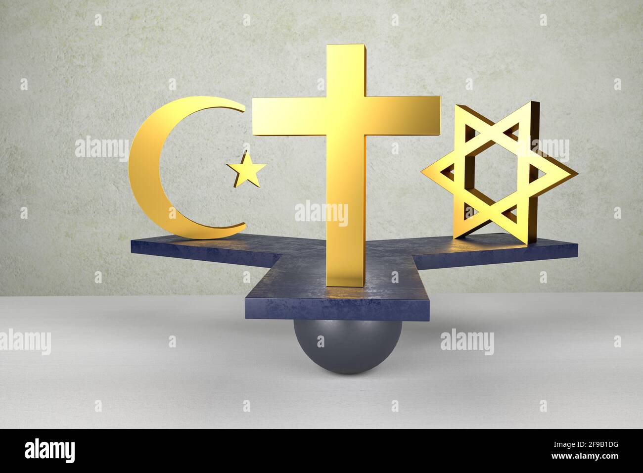 Equal rights concept: Equality of religions. An islamic star and crescent, a christian cross and a jewish star of david on a threeway seesaw on a sphe Stock Photo