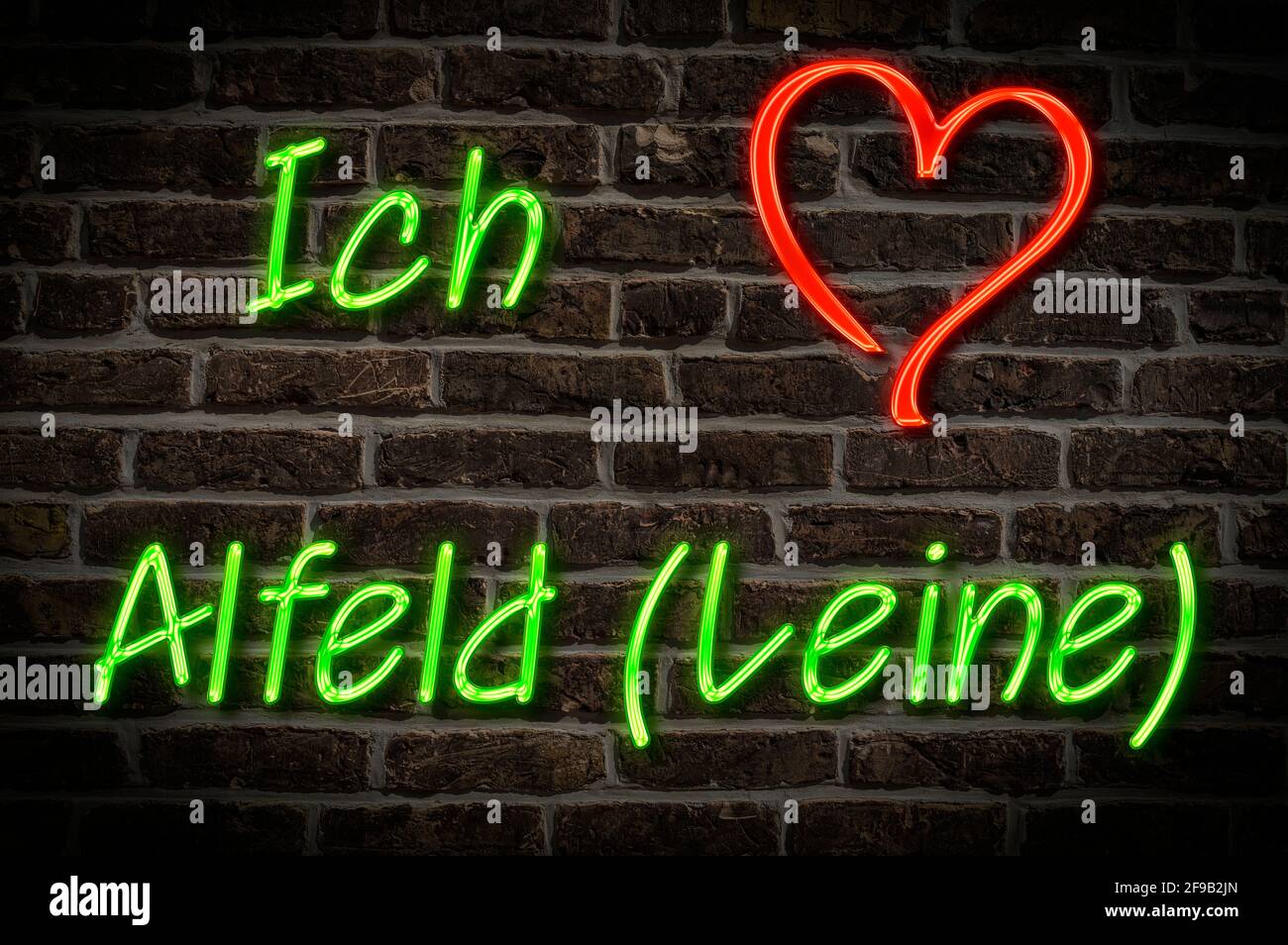 Leuchtreklame, Ich liebe Alfeld (Leine), Niedersachsen, Deutschland, Europa | Illuminated advertising, I love Alfeld (Leine), Lower Saxony, Germany, E Stock Photo