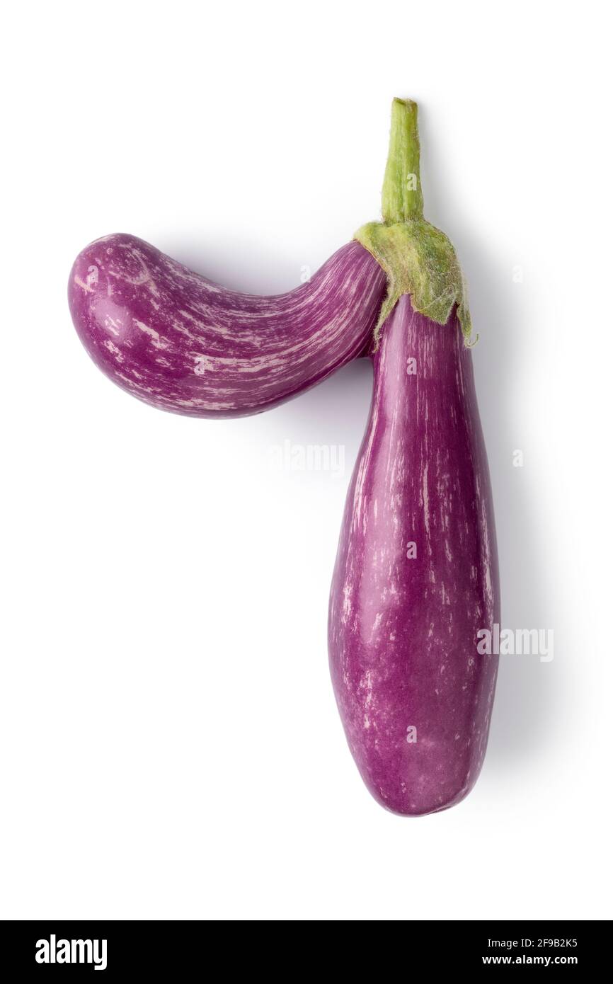 Deformed fresh purple eggplant with a nose isolated on white background Stock Photo