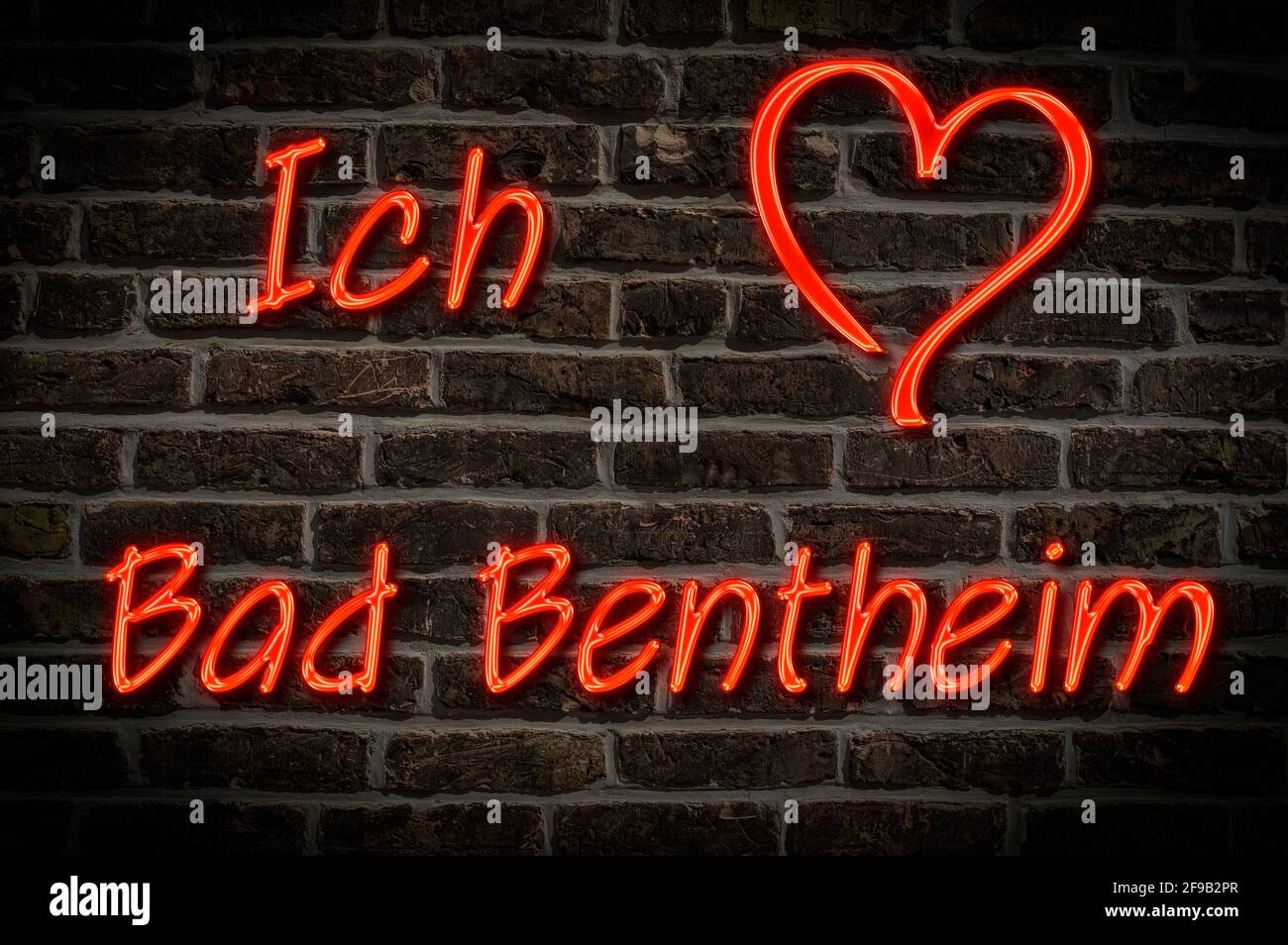 Leuchtreklame, Ich liebe Bad Bentheim, Niedersachsen, Deutschland, Europa | Illuminated advertising, I love Bad Bentheim, Lower Saxony, Germany, Europ Stock Photo