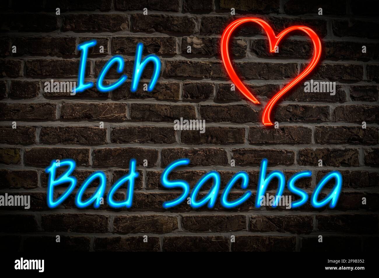 Leuchtreklame, Ich liebe Bad Sachsa, Niedersachsen, Deutschland, Europa | Illuminated advertising, I love Bad Sachsa, Lower Saxony, Germany, Europe Stock Photo