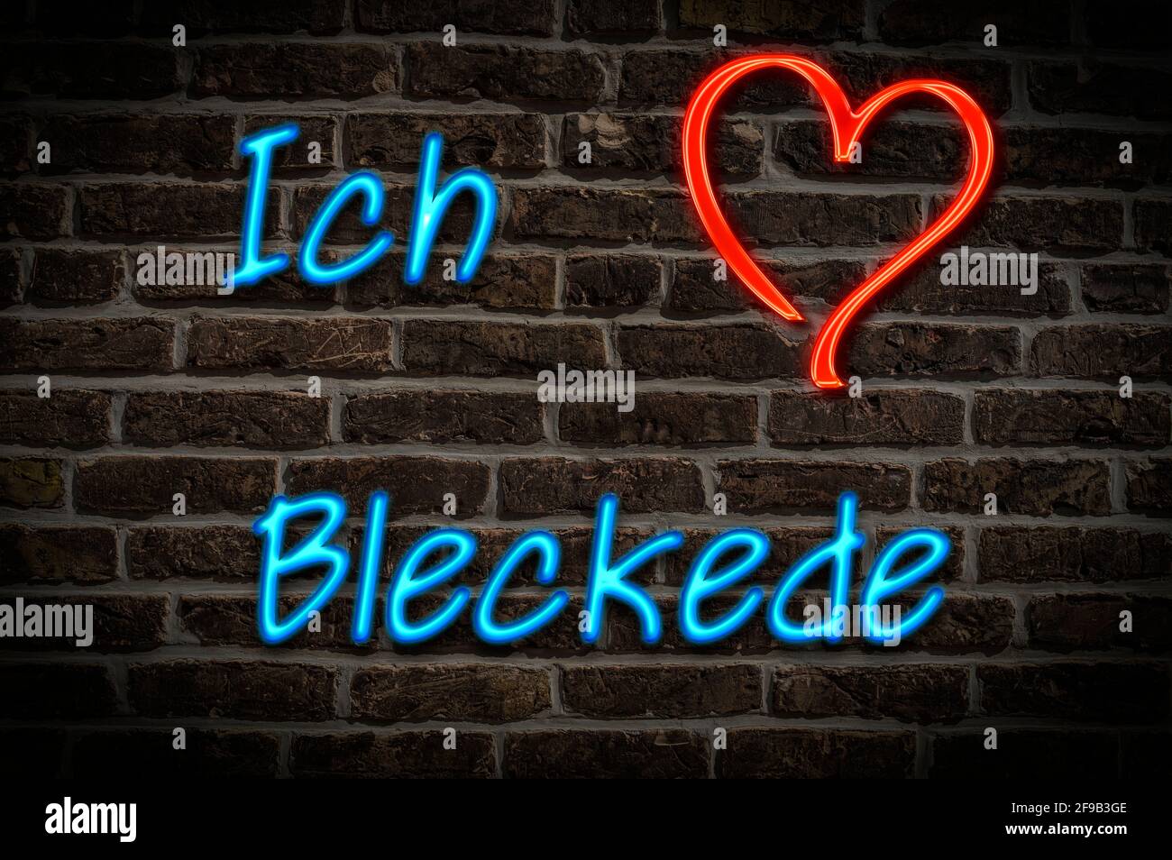 Leuchtreklame, Ich liebe Bleckede, Niedersachsen, Deutschland, Europa | Illuminated advertising, I love Bleckede, Lower Saxony, Germany, Europe Stock Photo