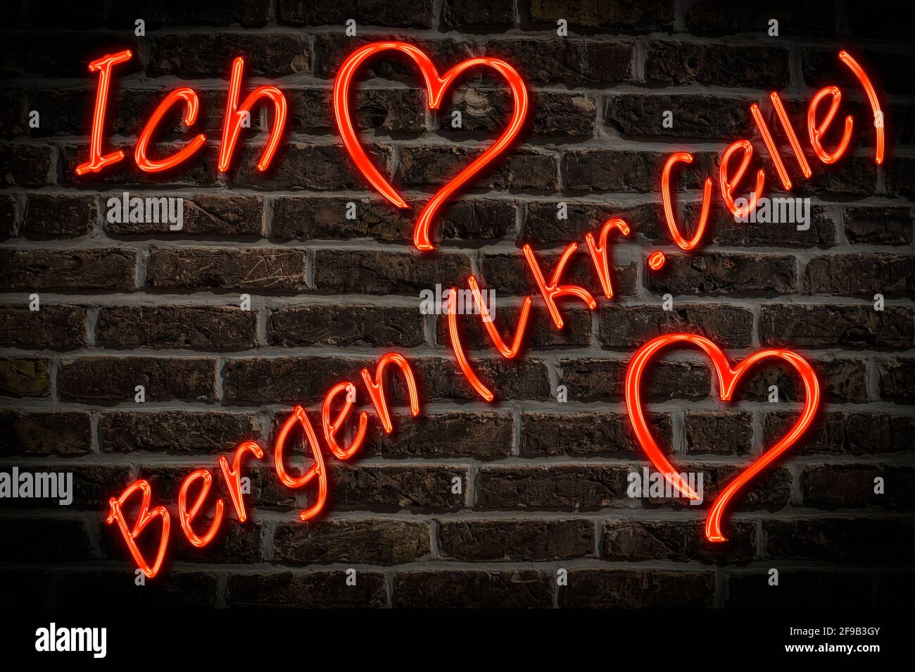 Leuchtreklame, Ich liebe Bergen (Lkr.Celle), Niedersachsen, Deutschland, Europa | Illuminated advertising, I love Bergen (Lkr.Celle), Lower Saxony, Ge Stock Photo