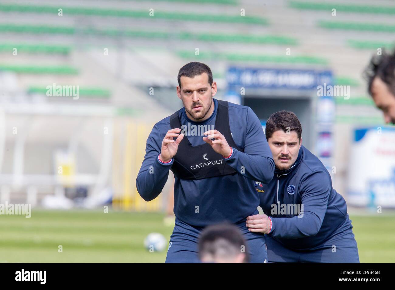 Remi Seneca of Vannes warms up before the French championship Pro D2 rugby  union match between RC Vannes and Rouen Normandie on April 16, 2021 at La  Rabine stadium in Vannes, France -