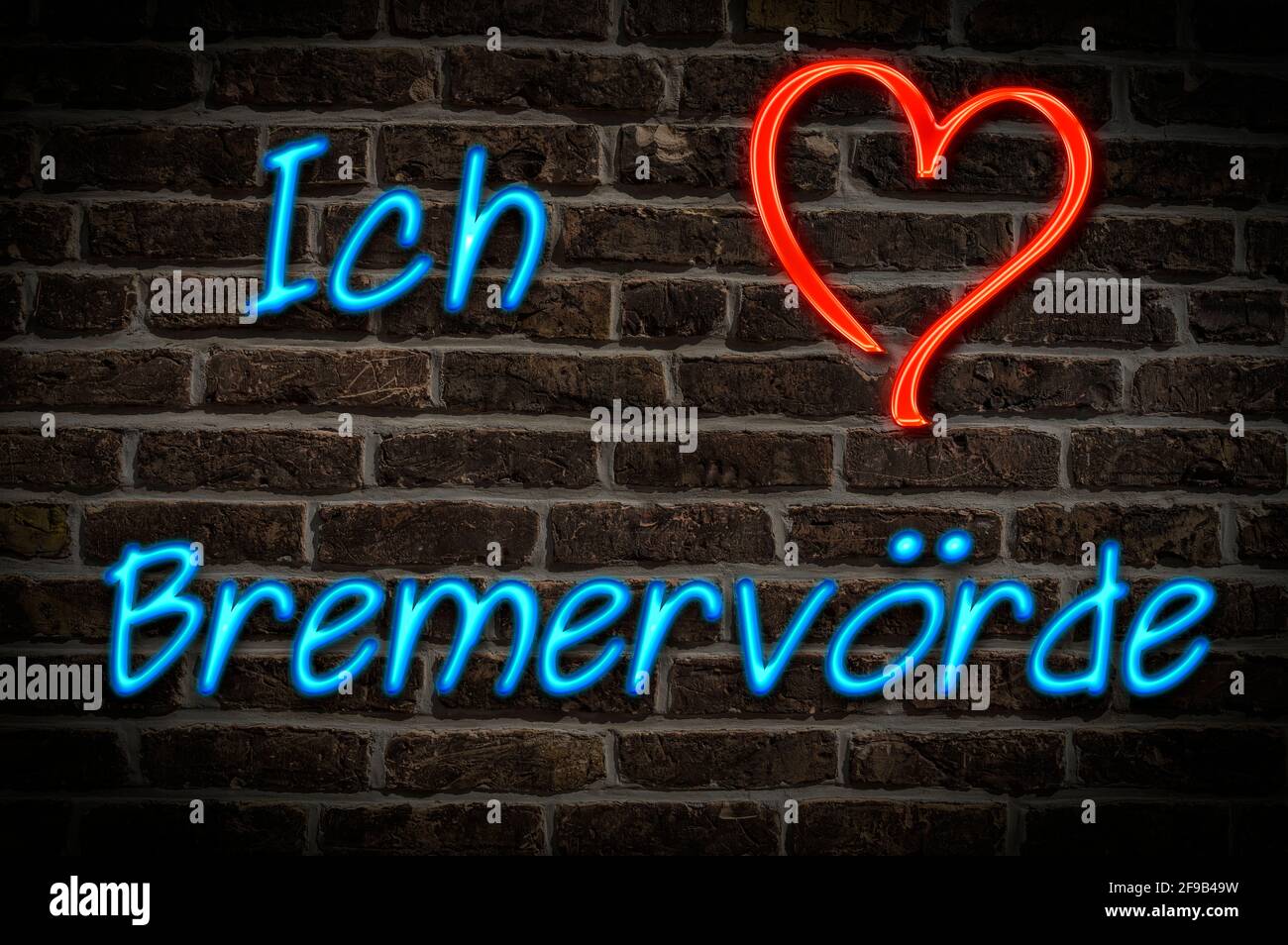 Leuchtreklame, Ich liebe Bremervörde, Niedersachsen, Deutschland, Europa | Illuminated advertising, I love Bremervörde, Lower Saxony, Germany, Europe Stock Photo