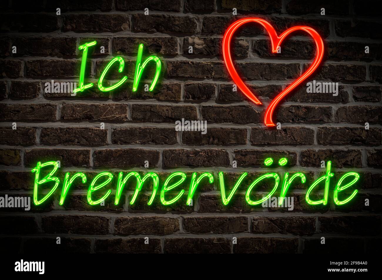 Leuchtreklame, Ich liebe Bremervörde, Niedersachsen, Deutschland, Europa | Illuminated advertising, I love Bremervörde, Lower Saxony, Germany, Europe Stock Photo