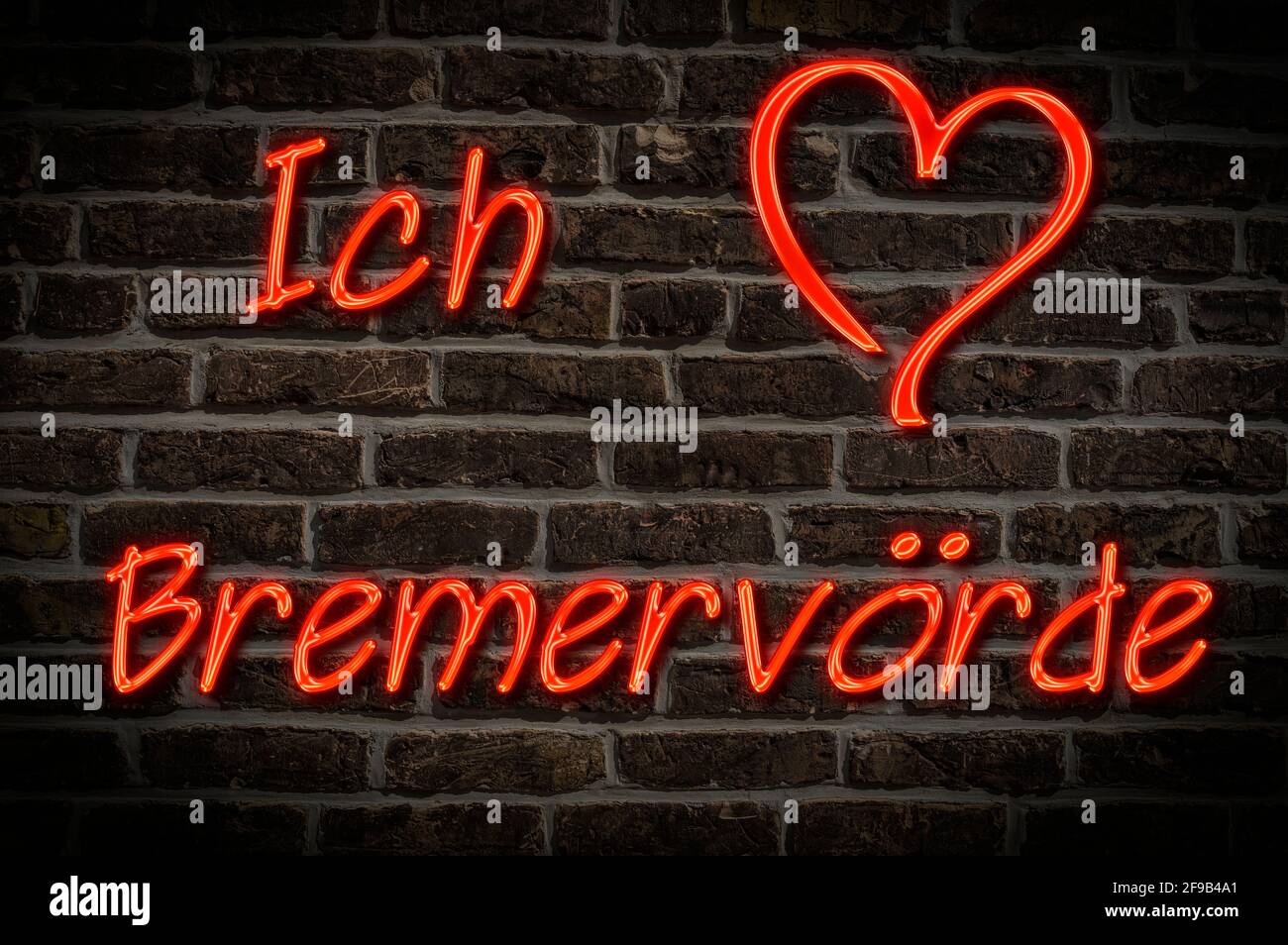 Leuchtreklame, Ich liebe Bremervörde, Niedersachsen, Deutschland, Europa | Illuminated advertising, I love Bremervörde, Lower Saxony, Germany, Europe Stock Photo