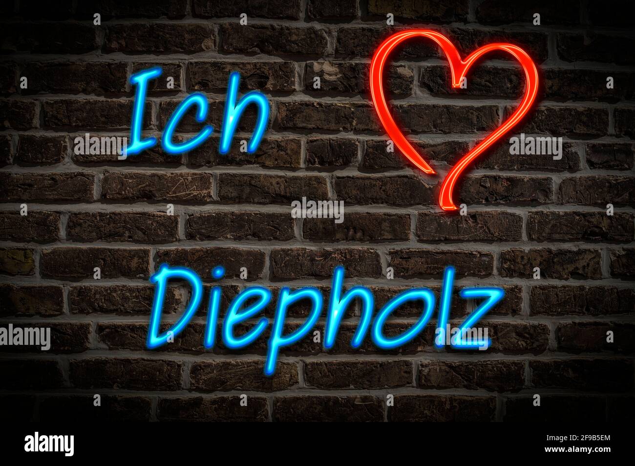Leuchtreklame, Ich liebe Diepholz, Niedersachsen, Deutschland, Europa | Illuminated advertising, I love Diepholz, Lower Saxony, Germany, Europe Stock Photo