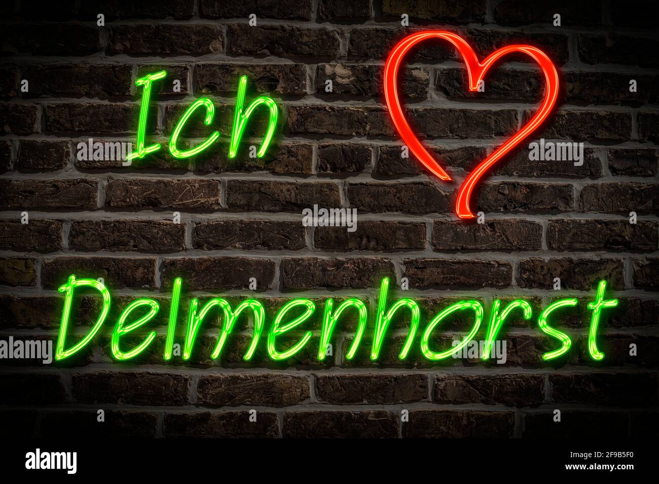 Leuchtreklame, Ich liebe Delmenhorst, Niedersachsen, Deutschland, Europa | Illuminated advertising, I love Delmenhorst, Lower Saxony, Germany, Europe Stock Photo