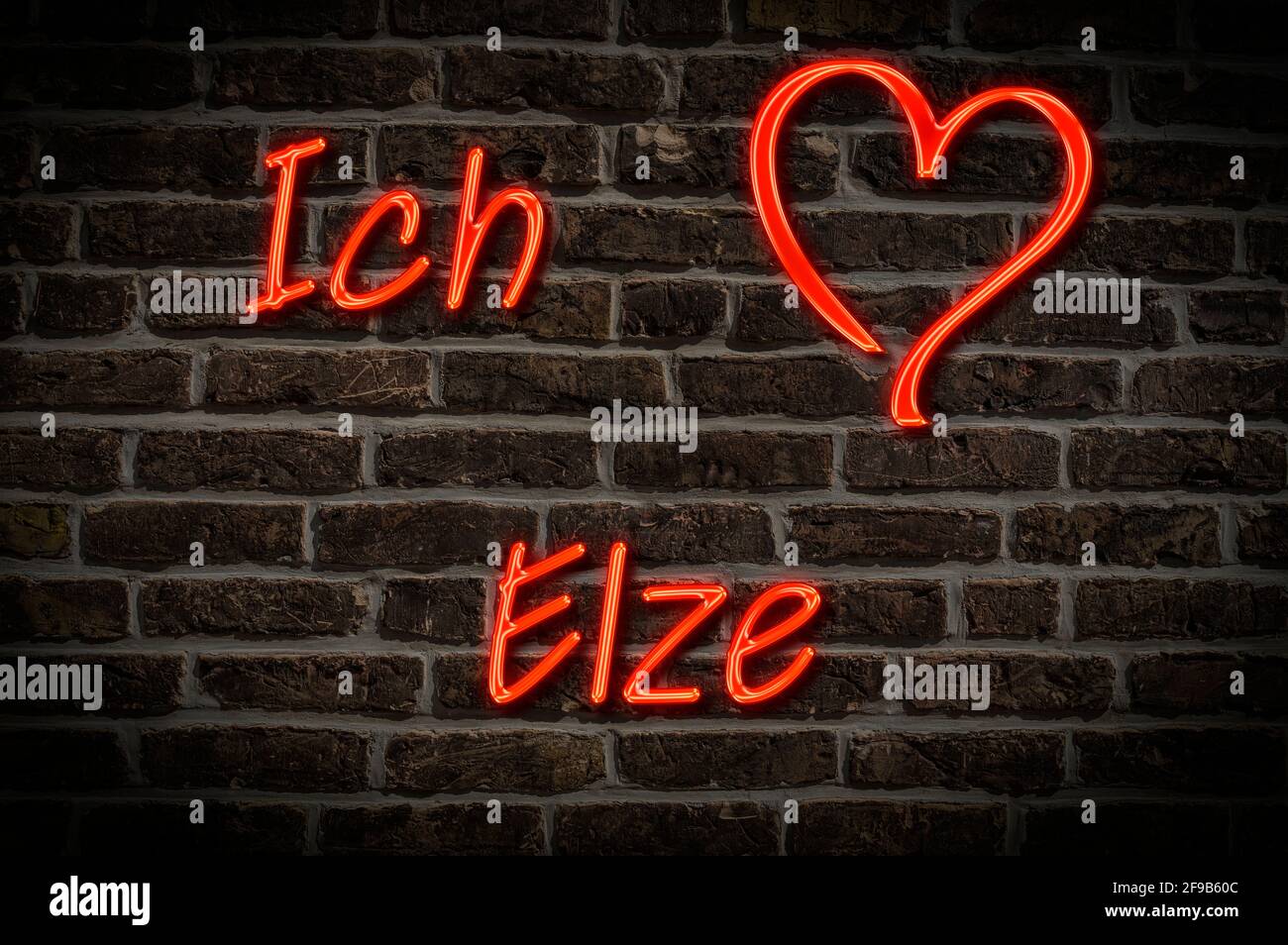 Leuchtreklame, Ich liebe Elze, Niedersachsen, Deutschland, Europa | Illuminated advertising, I love Elze, Lower Saxony, Germany, Europe Stock Photo