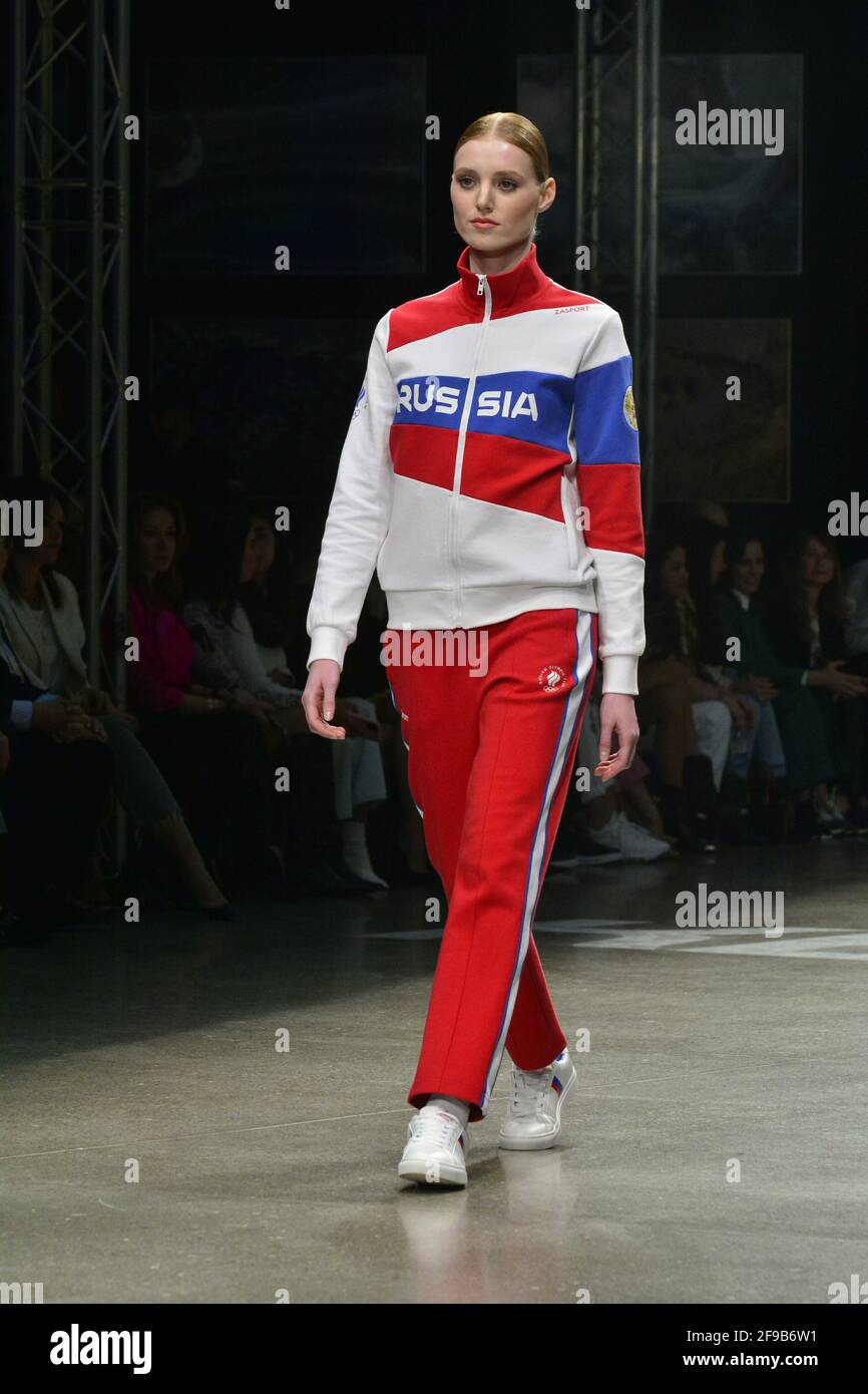 Demonstration of a new collection of sportswear for the Russian Olympic  team developed for the 2021 Olympic Games in Tokyo The TOKYO 2020  collection is a mix of Russian and Japanese motives: