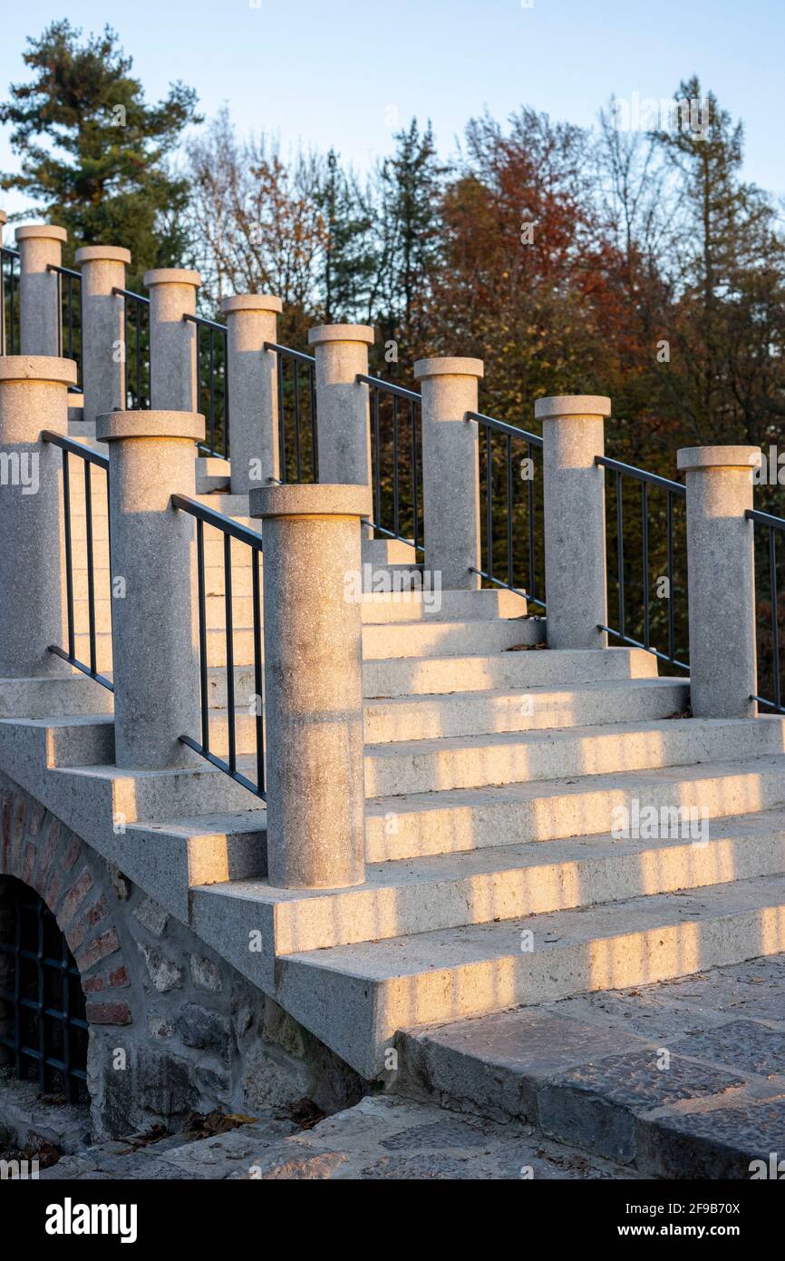 Outdoor staircase with amazing fence designed by architect Plecnik at Ljubljana castle hill Stock Photo