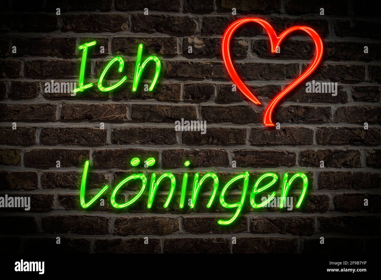 Leuchtreklame, Ich liebe Löningen, Niedersachsen, Deutschland, Europa | Illuminated advertising, I love Löningen, Lower Saxony, Germany, Europe Stock Photo