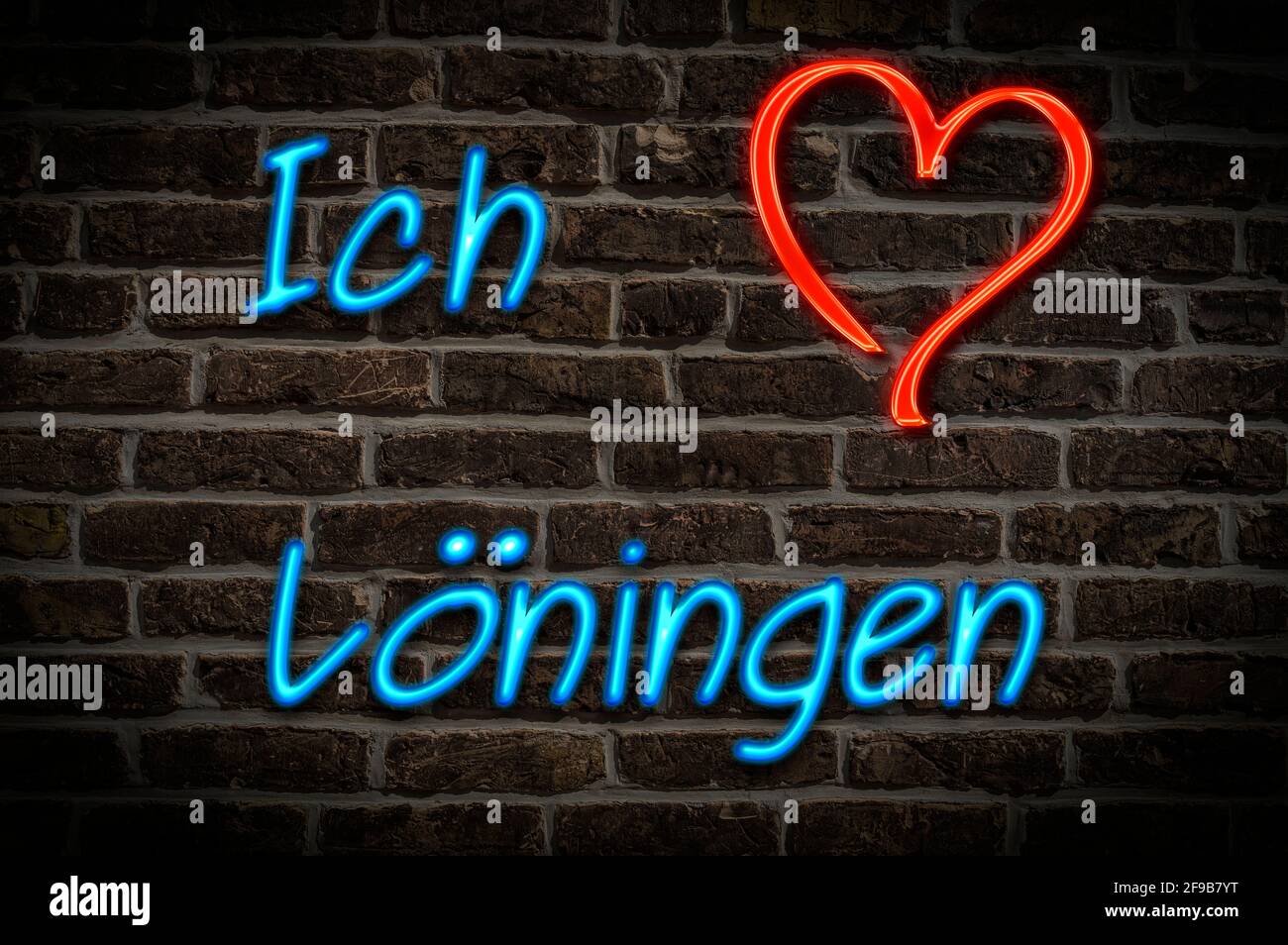 Leuchtreklame, Ich liebe Löningen, Niedersachsen, Deutschland, Europa | Illuminated advertising, I love Löningen, Lower Saxony, Germany, Europe Stock Photo