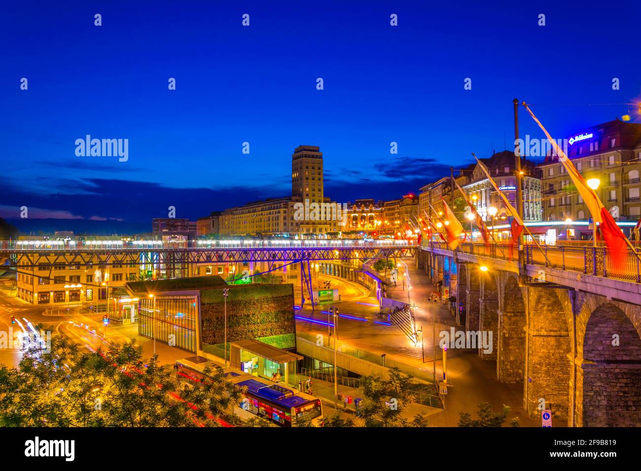 LAUSANNE, SWITZERLAND, JULY 18, 2017 Night view of the Belair tower